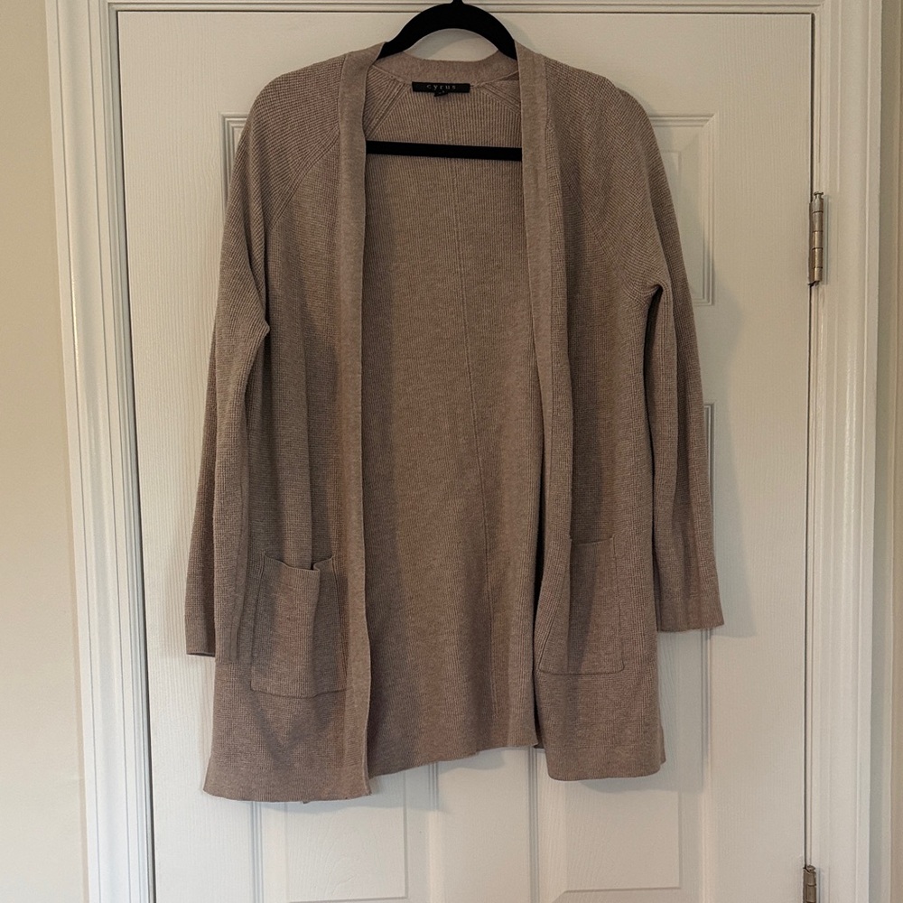 Cyrus Open-Front Taupe Knit Cardigan